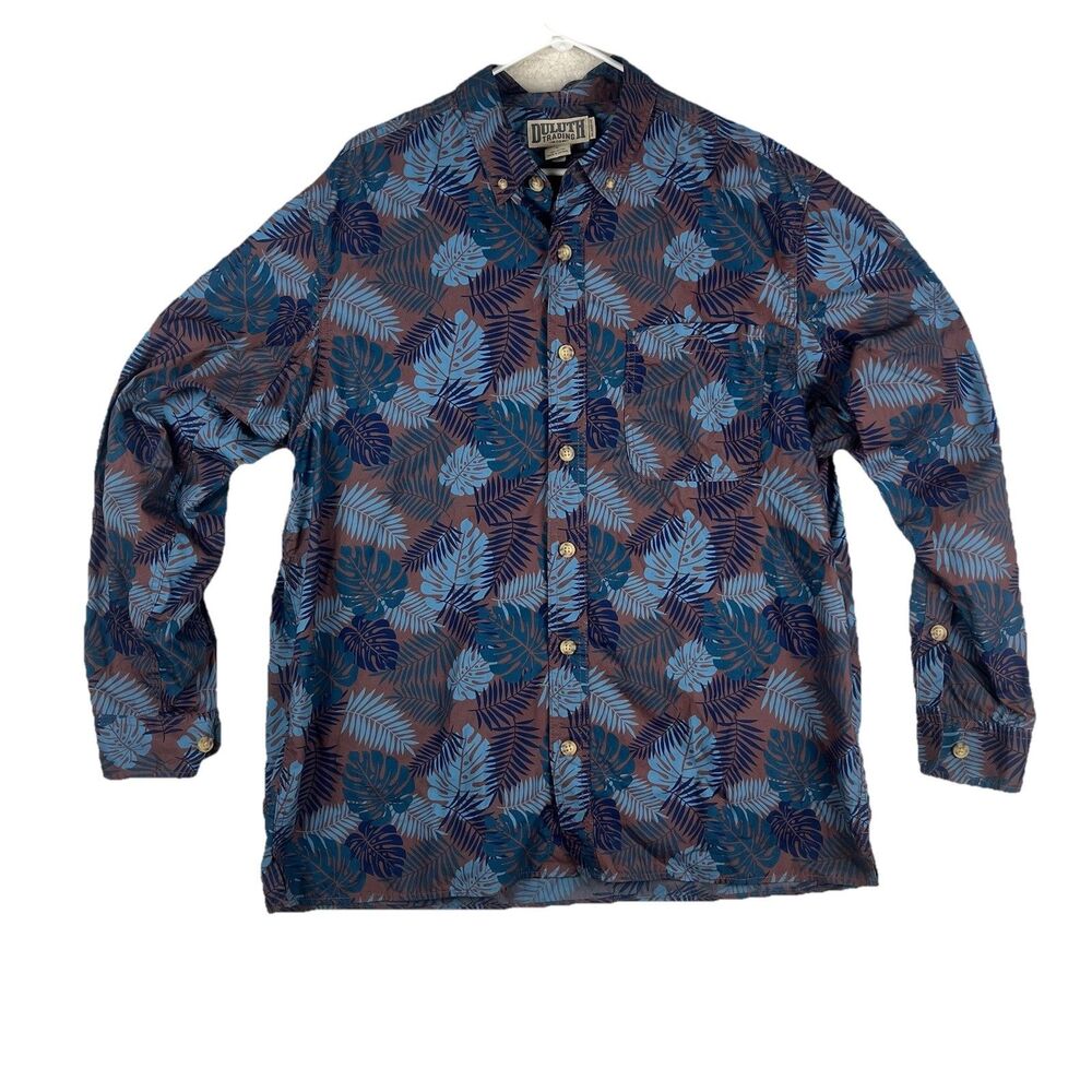 Duluth Trading Shirt Mens Size LG Blue Floral Cotton Relaxed Fit Hawaiian Palm